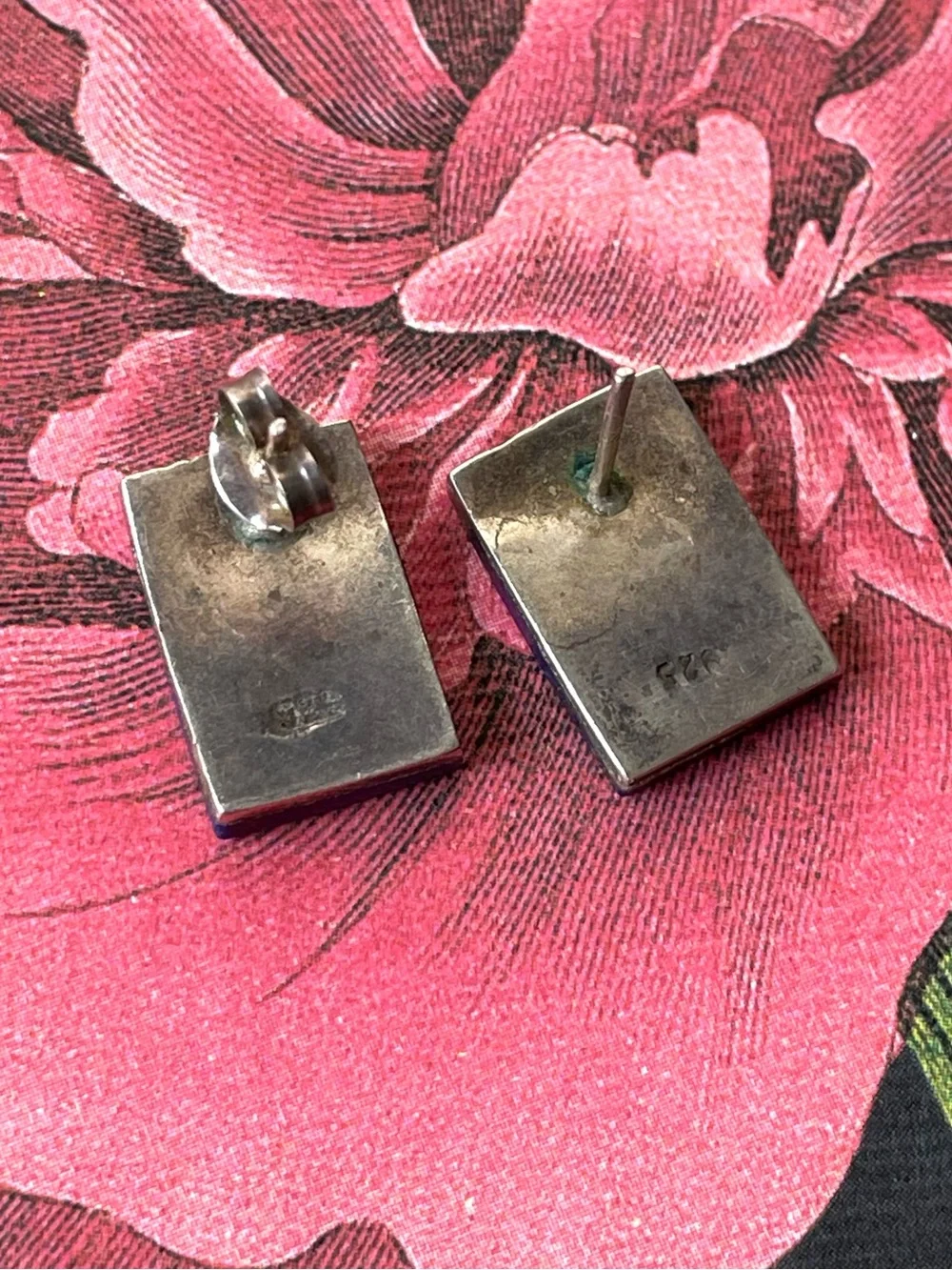Vintage stamped 925 sterling silver & lapis lazuli (?) earrings boho